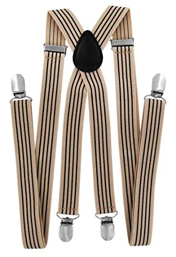 axy Hochwertige Herren Hosenträger breit 25mm mit 4 Starken Clips X-Form und Damen (Beige mit 4 Schwarz Streifen)