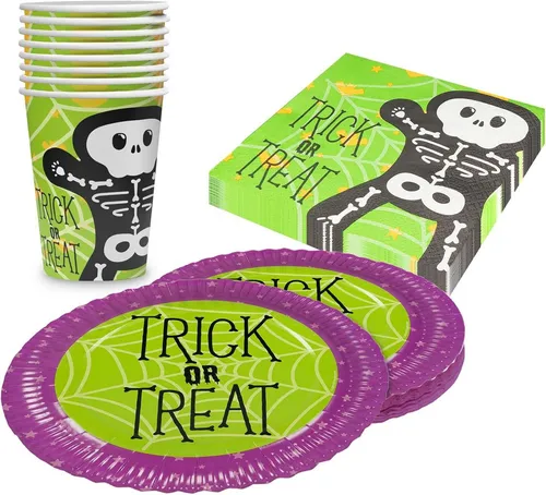 Party Factory Geschirr-Set Halloween Skelett 3-tlg Party-Set mit Becher, Teller und Servietten, 8 Personen, schaurig, spaßig und unkompliziert