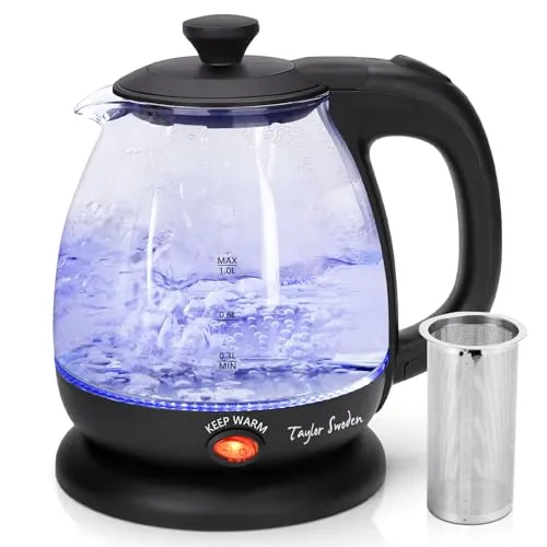 Taylor Swoden Abel-Wasserkocher Glas mit LED-Licht, Warmhaltefunktion, Kleiner Wasserkocher 1 Liter,2200 W, Reisewasserkocher Kleiner, Herausnehmbarer Filter, Bpa-Frei