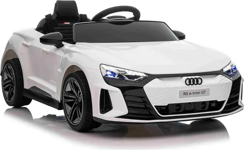 Elektrisches Kinderauto Audi RS E-tron GT 12V, weiß, breiter Einzelsitz, 2,4-GHz-Fernbedienung, USB-/AUX-Eingang, Bluetooth, Federung, Lithium-Batterie, LED-Leuchten, 2 x 25W Motor, ORIGINALE Lizenz
