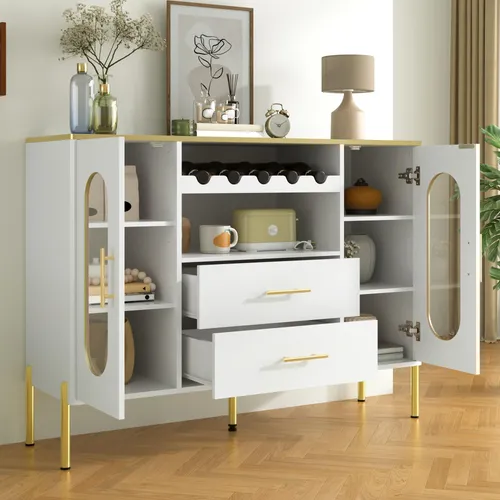 STILVORA Sideboard mit Glasfronten,Weinregal und Verstellbarer Fuß,Beistellschrank aus MDF mit viel Stauraum,Modernes Kommode,Aufbewahrungsschrank,weiß