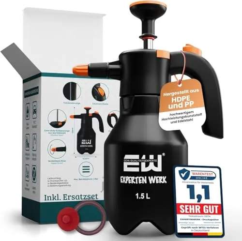 ExpertenWerk Premium Drucksprüher 1,5L – Robuster Pumpsprüher mit Überdruckventil & Verstellbarer Düse – Auslaufsichere Pumpsprühflasche, präzise Pumpflasche für Auto, Haus, Garten & Reinigungsmittel