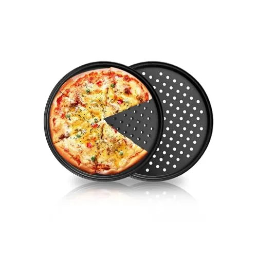 JSJMOFA Pizzablech 2er Set, Pizzablech Rund 30cm, Pizza Backblech Gelocht Antihaft, Rund Pizzaform Pizza Backblech zum Backen im Ofen, Carbonstahl