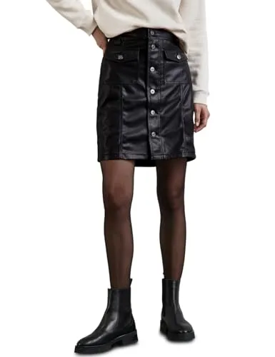 Rock in Leder-Optik - Modischer knielanger Rock in Leder-Optik mit dekorativer Knopfleiste und praktischen aufgesetzten Taschen – ideal für trendbewusste Damen.