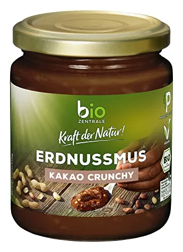 bioZentrale Erdnussmus Crunchy Kakao | 250 g Peanuts Creme | vegan, glutenfreie Protein Quelle | Nussmus ohne Palmöl | Peanut Butter für Müsli, Frisch geröstete Erdnüsse
