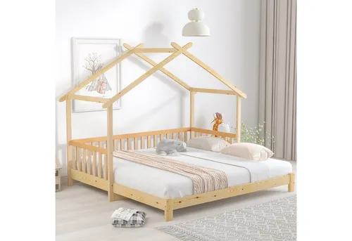 Redom Hausbett aus Kiefernholz, 90x200 cm, flexibel - Gemütliches Hausbett aus massivem Kiefernholz in Naturfarbe, ideal für Kinderzimmer. Mit ausziehbarer Konstruktion für flexible Liegeflächen und dreiseitigen Geländern für zusätzliche Sicherheit. Perfekt für wechselnde Anforderungen.