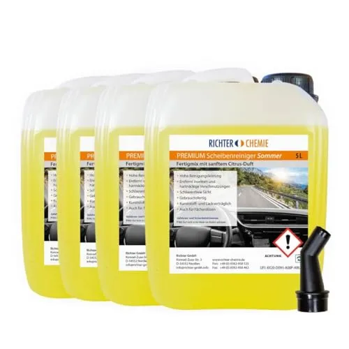Richter Chemie Scheibenreiniger Sommer Scheibenwischwasser mit Ausgießer für klare Sicht im Auto - Wischwasser Auto - 4 x 5 Liter