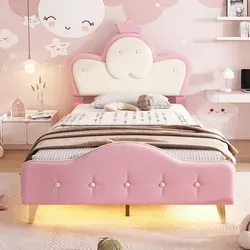 Polsterbett mit LED-Streifen Kinderbett Einzelbett Kopfteil mit Krone Bettfüße aus Metall 90x200CM Rosa+Weiß