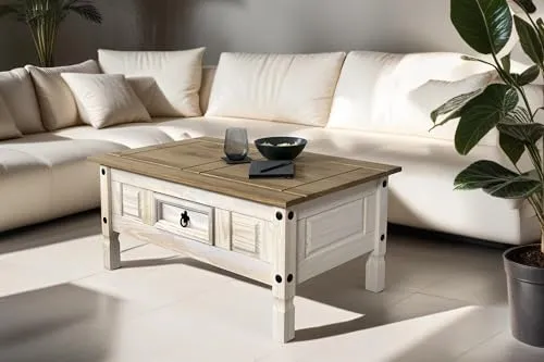 SAM Couchtisch Cancun, Pinienholz massiv, Beistelltisch mit Schubfach, weiß lasiert, honigfarbene Deckplatte, schwarzer Metallgriff, Mexiko-Möbel