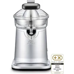 Solis Citrus Press Station 8454 - Elektrische Zitruspresse aus Edelstahl - Entsafter für alle Zitrusfrüchte mit automatischer Saftpresse, inkl. 2 Fruchtfleischsieben und praktischer Abstellfläche für Gläser, spülmaschinenfest und ideal für gesunden Saftgenuss.