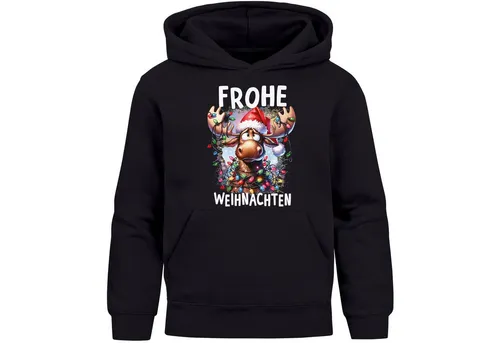MoonWorks Kinder Hoodie Elch Rentier Weihnachtspullover schwarz 140 - Kombinieren Sie Komfort und Stil mit diesem lustigen Hoodie für Kinder. Aus 70% Baumwolle und 30% Polyester, ideal für die kalte Jahreszeit.