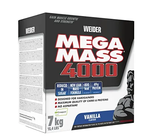 Weider Mega Mass 4000 - 7kg Weight Gainer Pulver mit 48g Protein - Sportnahrung für effektiven Muskelaufbau: Über 800 kcal pro Portion und angereichert mit Kreatin für maximale Leistung im Training.