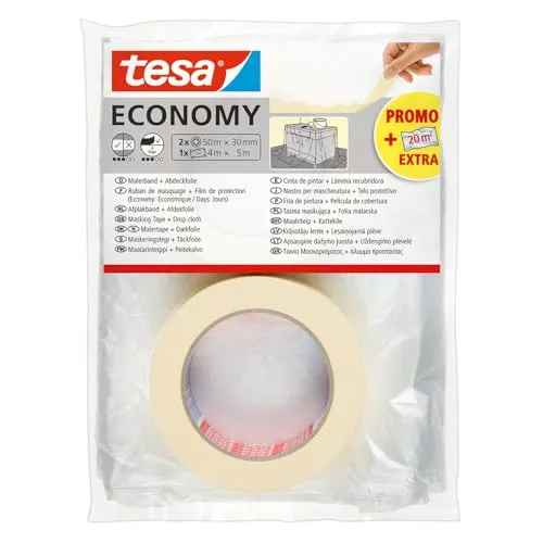 tesa Malerband ECONOMY - Vielseitiges Klebeband für Malerarbeiten ohne Lösungsmittel - Bis zu 4 Tage nach Gebrauch rückstandslos entfernbar, 2x 50 m x 30 mm + Abdeckfolie