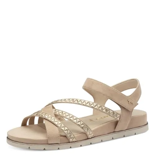 Tamaris Sandalette in Beige - Römersandalen mit 2,5 cm Absatzhöhe, ideal für den Sommer. Bequem mit Klettverschluss und stylischem Synthetik-Obermaterial.