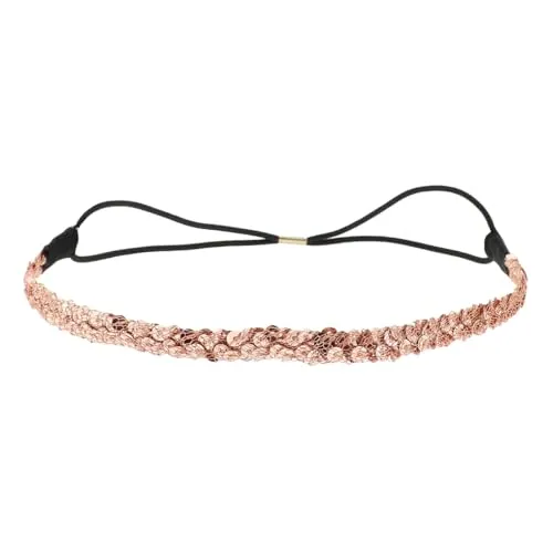 Rosa gold Sequin Damen Haarband - Dünnes elastisches Hairband Einheitsgröße - Headband für die Hochzeitsfrisur oder Strass Pailletten Party - Glänzendes Stirnband Look Boho Hippie