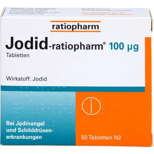 Jodid-Ratiopharm 100 μg Tabletten, 50 ST - Praktische Tabletten zur Unterstützung der Jodversorgung. Ideal zur Vorbeugung von Jodmangel in Jodmangelgebieten. Enthält Lactose und ist für den täglichen Bedarf geeignet.