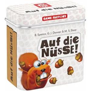 Game Factory 646273 Auf die Nüsse - knackiges Würfelspiel - Tabletop Spiel für 2-4 Spieler ab 8 Jahren, ideal für unterwegs in handlicher Metalldose, sorgt für spannende Spielrunden mit witzigen Mechaniken!