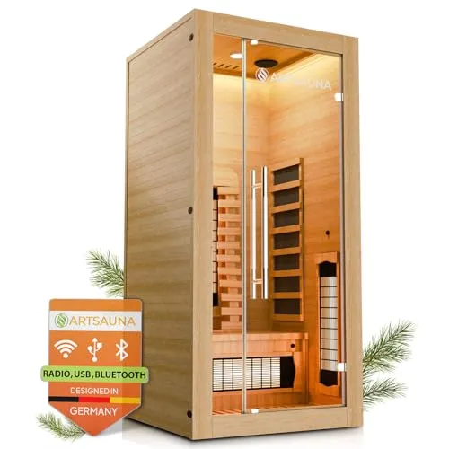 Artsauna Infrarotkabine Kiruna90 Premium - Infrarotsauna für 1 Person mit Vollspektrum- & Flächenstrahler, dimmbaren Rückenstrahler und stimmungsvollem LED-Farblicht für entspannende Wellness-Momente zu Hause.