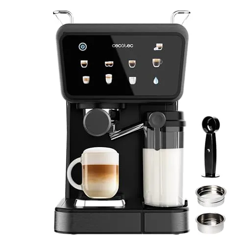 Cecotec Halbautomatische Espressomaschine Power Espresso Touch ColdBrew Latte. 1350 W, 20 Bar, Kalt, Warm oder Heiß, Touch-Display, 1,5 L Wassertank, 500 ml Milchtank, Doppelter Siebträg