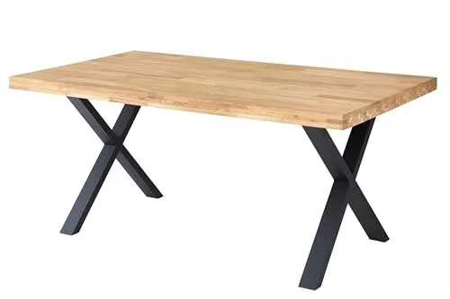 PREISBRECHER Esstisch Chris X – Massivholz Eiche, Schwarz, 180x76x100cm - Der Esstisch Chris X kombiniert massives Eichenholz mit modernem Industriedesign und bietet mit 180x76x100 cm ausreichend Platz für gesellige Runden. Das x-förmige Metallgestell sorgt für Stabilität und verleiht einen markanten Look.