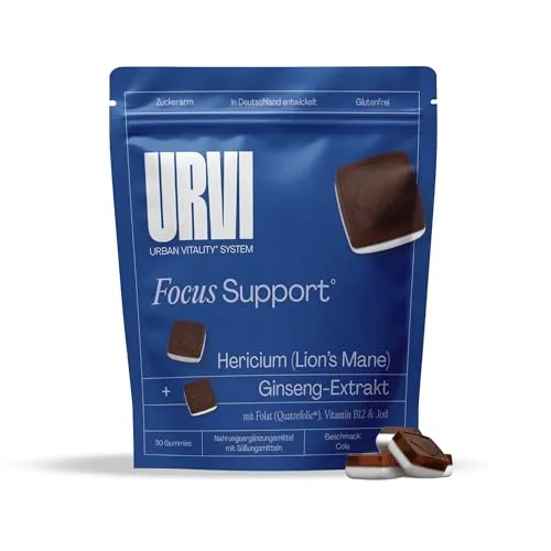 URVI® Focus Gummies - Lions Mane (Igelstachelbart), Panax Ginseng Extrakt, Folsäure Bioaktiv, Vitamin B12 & Jod - Nootropic Brain Boost, Fokus, Energie, Konzentration - Cola