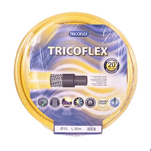 Tricoflex Schlauch 15 mm x 50 m - Gartenschlauch mit gelber PVC-Ummantelung, hochflexibel und alterungsbeständig für idealen Einsatz im Garten. Hervorragender Schutz gegen Abrieb und UV-Strahlen.