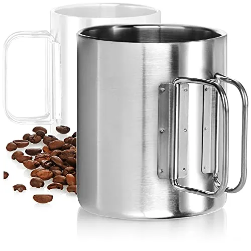 com-four® Edelstahl-Kaffeebecher - 300 ml - Thermo-Trinkbecher aus rostfreiem Edelstahl 304 mit Klapphenkel - doppelwandige Isolierbecher - BPA-frei (silberfarben - 300ml - 1 Stück)