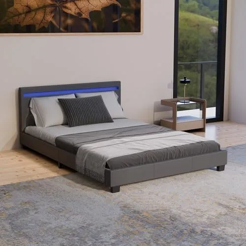 Juskys Polsterbett Paris 140x200 cm - Modernes Polsterbett mit bunter LED-Beleuchtung, Kunstleder und weichem Kopfteil – ideal für ein stilvolles Schlafzimmer.