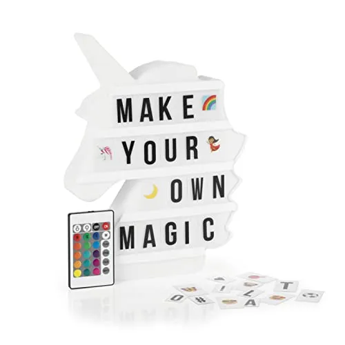 EASYmaxx LED-Leuchtkasten Light Box mit Einhorn-Design - Mega-Set mit 150 Emojis und 173 Buchstaben für kreative Textbotschaften. Ideal als Deko für besondere Anlässe, kabellos oder per USB nutzbar und bequem mit Fernbedienung steuerbar.