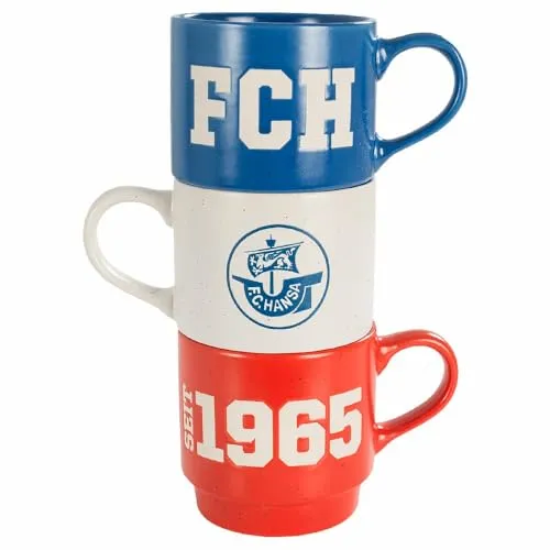 FC Hansa Rostock Stapeltassen 3er-Set - Hochwertiges 3er-Set Stapeltassen mit geprägten Motiven in den Farben Blau, Weiß und Rot. Ideal für Kaffee, Tee oder Kakao. Mikrowellen- und spülmaschinengeeignet – perfektes Fan-Merchandise für jeden Tag!