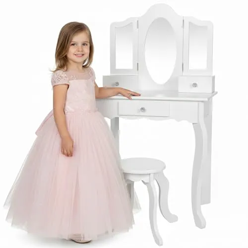 Green series Kinderplay Kids Vanity Table with Mirror – Sturdy Wooden Dressing Table – for Girls’ Bedroom & Pretend Play – White Finish