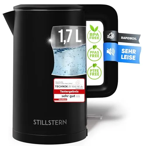 Stillstern Wasserkocher mit Edelstahl Filter 1,7L - 2200W - Der leistungsstarke Stillstern Wasserkocher erhitzt 1,7 Liter Wasser in Rekordzeit. Mit Cool Touch Gehäuse und Sicherheitsfunktionen ist er ideal für Tee und Kaffee im täglichen Gebrauch. Modernes Design und einfache Reinigung.