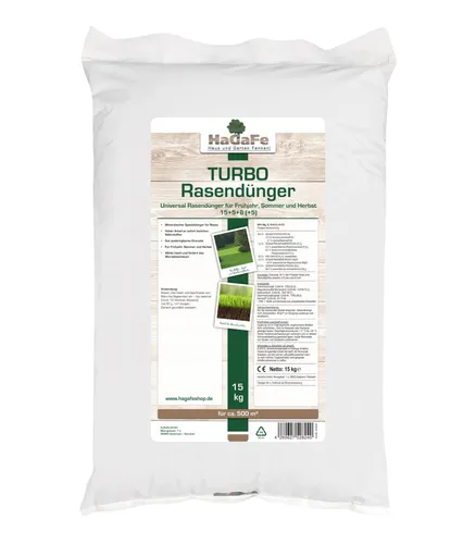 HaGaFe Turbo Rasendünger, 1 x 15kg, Universal TURBO Rasendünger, Frühjahr, Sommer, Herbst, Rasen - Dünger mit viel Stickstoff für ein sattes Grün