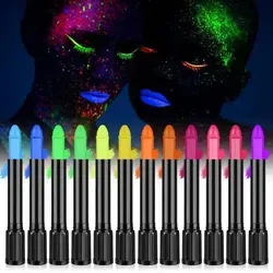 Bodypainting UV Neon Schminkstifte 12 Farben für Halloween - Set mit 12 leuchtenden Neonfarben für kreatives Bodypainting. Ideal für Halloween, Karneval und Cosplay. Die Farben strahlen unter UV-Licht und lassen sich leicht abwaschen. Perfekt für unvergessliche Looks!
