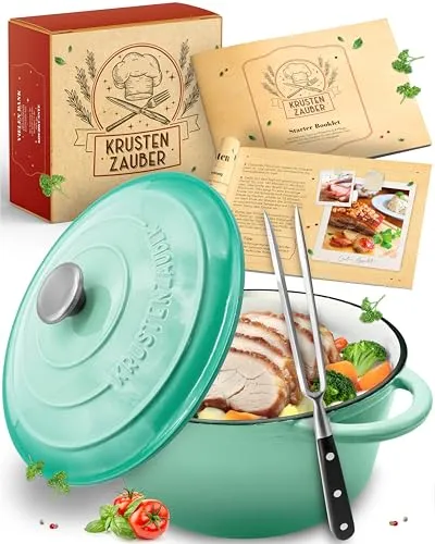 KRUSTENZAUBER Gusseisen Topf [inkl. Fleischgabel] - Hochwertiger 26cm Schmortopf backofengeeignet - Idealer Bräter mit Deckel Backofengeeignet, Kochtopf Induktion, Emaille Topf, Bratentopf Cast Iron