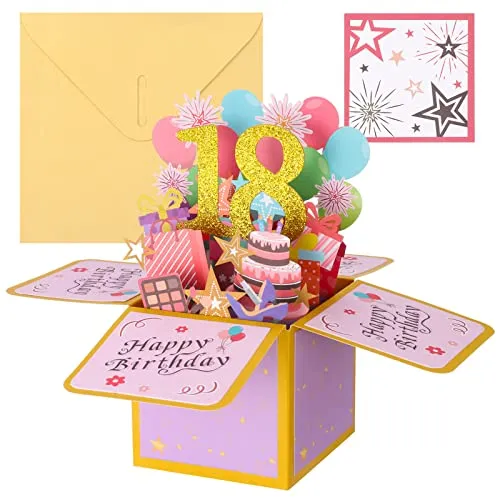 Vyuwast 18. Geburtstagskarte, Pop Up Karte 3D Happy Birthday Karte mit Umschlag für Kinder Frauen Mädchen Geschenk-Karte zum 18. Geburtstag (18. Geburtstag)