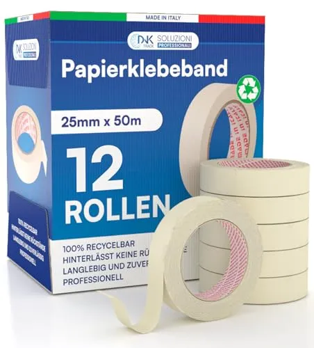 12x Malerband 25mm x 50m - Malerkrepp Kreppband - Vielseitiges Klebeband für Malerarbeiten ohne Lösungsmittel - Abklebeband