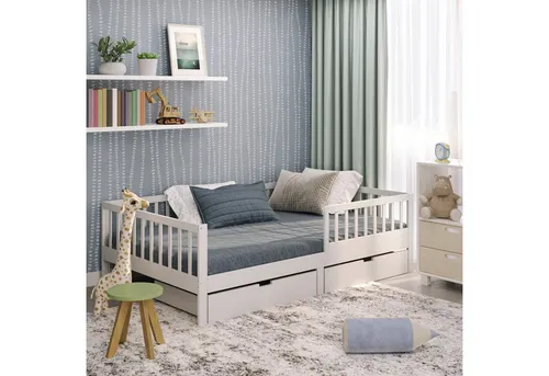 CADANI Kinderbett Nik - abnehmbarer Rausfallschutz - bis 200 kg belastbar (bis 200 kg belastbar · 2 Schubladen · inkl. Roll-Lattenrost), · Kiefer Massivholz · Farbe: Weiß