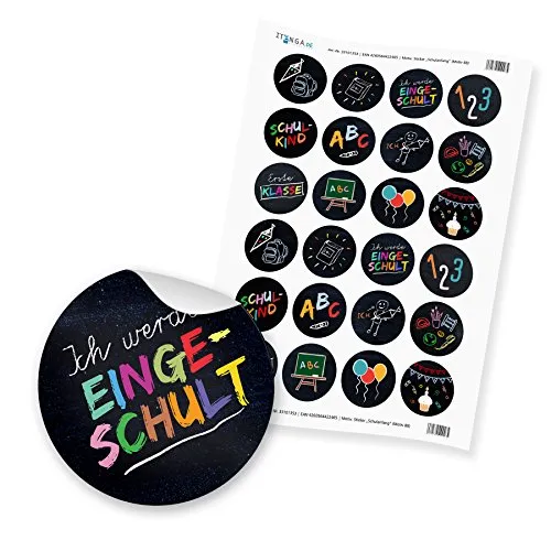 itenga Sticker Aufkleber Etikett Schulanfang Einschulung Ich werde eingeschult (Mixbogen schwarzer Hintergrund) 24 x