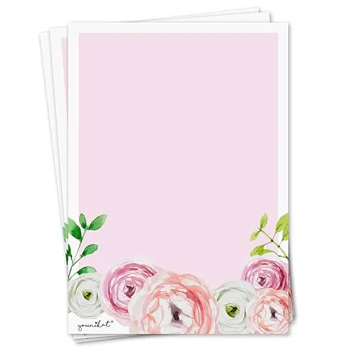Briefpapier Set Blumen Rose I 50 Blatt 90 g/m² DIN A4 I stilvolles Schreibpapier vielseitig verwendbar rosa I Geburtstag Urkunde Speisekarte I dv196
