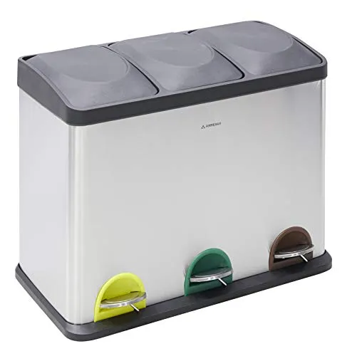 ARREGUI Step Bin CR705-45L Mülltrennsystem aus Edelstahl | 3 Fächer Mülleimer für die Küche | 3 Fach Abfalleimer | 3 x 15 L (45 L) | 3 Herausnehmbare Eimer mit Griff | Recycling Schrank | Mülltrennung