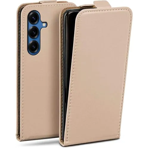 moex Flip Case für Samsung Galaxy S25 Hülle klappbar mit 360 Grad Schutz, Handyhülle mit Displayschutz, PU Leder Handytasche Lederhülle, Flip Case Cover Klapphülle, Taupe