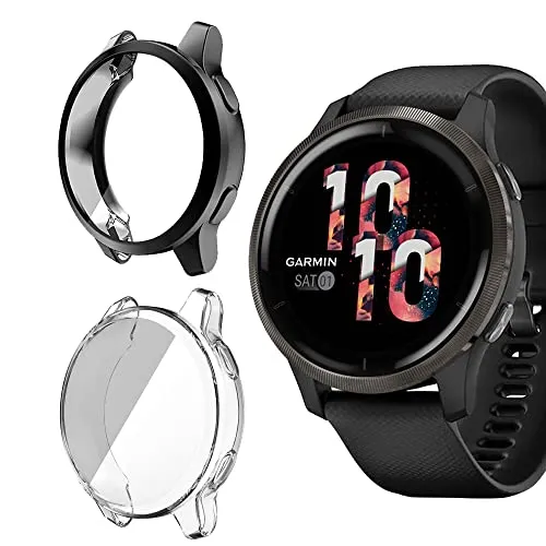 Niboow Hülle [2-Stück] Kompatibel mit Garmin Venu 2, mit Kratzfest ​Displayschutzfolie, Soft TPU Stoßfestes Schutzhülle Kompatibel mit Garmin Venu 2-Schwarz+Transparent