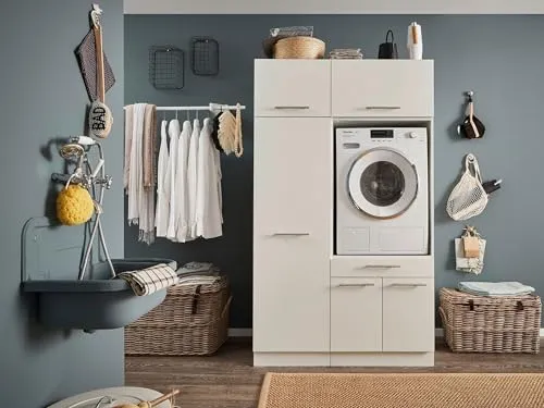 möbelando Waschmaschinenumbauschrank LAUNDREEZY in Weiß - 117,5x200x67,5 cm - Midi- & Hochschrank für Küchen, bietet großzügigen Stauraum und elegantes Mattweiß für jeden Einrichtungsstil.