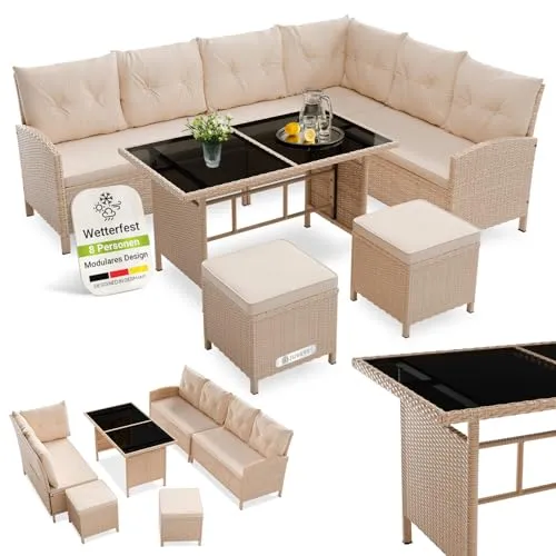 Juskys Gartenlounge Manacor creme - Stilvolles Sofa-Set für 8 Personen - Verwandeln Sie Ihren Garten oder Balkon mit der eleganten Gartenlounge Manacor in eine Wohlfühloase. Das Set bietet Platz für bis zu 8 Personen und umfasst Sofa, Hocker und Tisch mit bequemen Kissen für gemütliche Stunden im Freien.