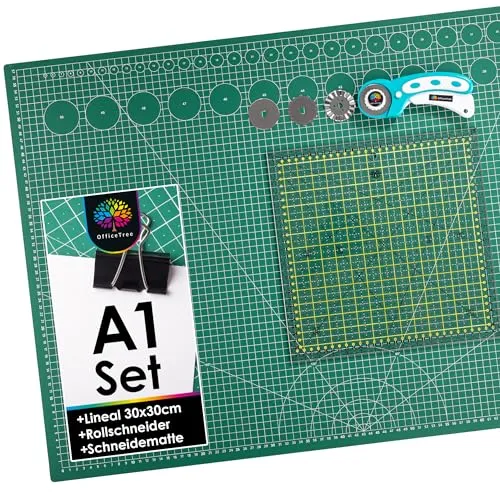 OfficeTree Schneidematte Set A1 90x60 + Rollschneider + Patchwork Lineal 30x30 cm - Schneidematte A1 Selbstheilend - Schneiderlineal Schneiderunterlage und Rollschneider Set - Schneidunterlage nähen