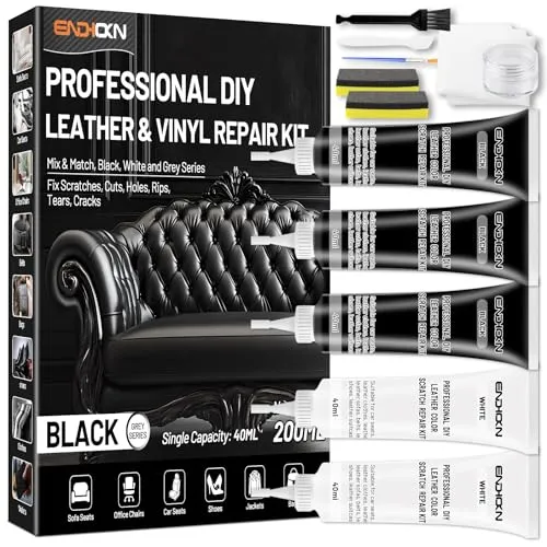 Endhokn Leder Reparatur Set, 3 Schwarz 2 Weiß Kunstleder Reparaturset Schwarz Fix Kratzer Schnitte Risse Löcher Flüssigleder für Autositze, Sofa, Jacke, Taschen, Geldbeutel, Gürtel, Möbel Graue Serie