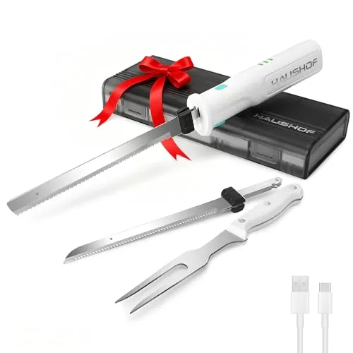 HAUSHOF Elektromesser, Kabelloses Küchenmesser mit 2 Edelstahlklingen, Elektrisches Messer mit Gabel, 2000 mAh Akku für Präzises Schneiden von Brot, Fleisch und Käse, mit Aufbewahrungsbox, Weiß