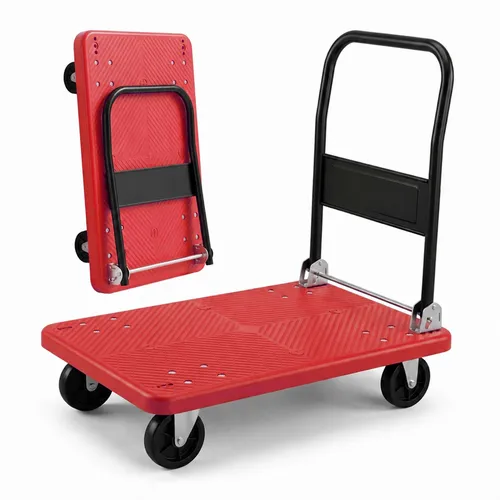 Relaxdays klappbarer Transportwagen bis 300 kg, roter Plattformwagen mit Griff und 2 Lenkrollen - Der klappbare Transportwagen ist ideal für schwere Lasten bis 300 kg. Mit großer Ladefläche und ergonomischem Griff sorgt er für einen komfortablen Transport, ob beim Umzug oder im Garten. Praktisch und platzsparend zu verstauen.