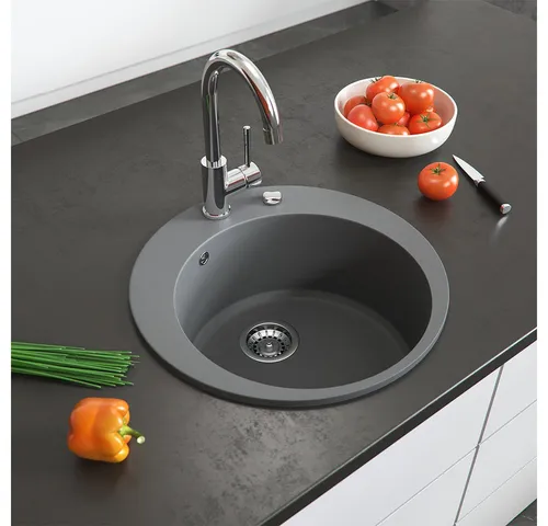 Bergström Granitspülbecken Rund, Grau 50.5 x 50.5 cm - Sanitäranlagen & Zubehör – Robuste Granitspüle mit 80% Quarz, chemikalienbeständig und temperaturbeständig von 15°C bis 95°C, ideal für den täglichen Gebrauch in der Küche.